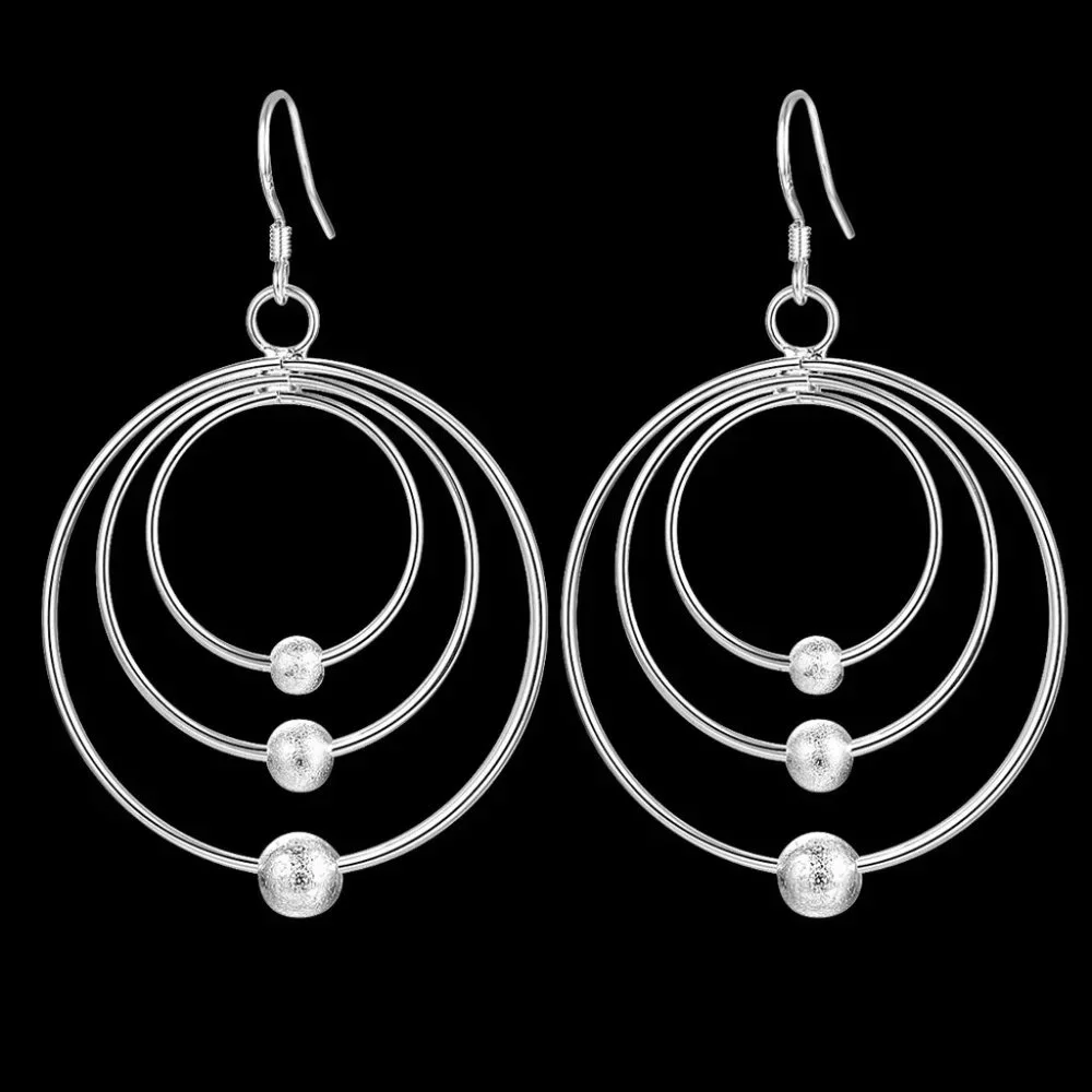 Gorgeous 3 Circles with Beads Hanging Earrings, Sterling Silver "Hypoallergenic" - Picture 3 of 8